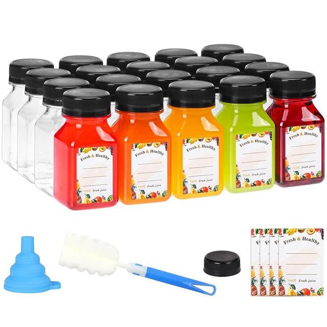Moretoes 20pcs 4oz Small Juice Bottles Mini Plastic Bottles for Liquids, Empty Ginger Bottles with Caps Reusable Water Containers with Tamper Proof Lids Black for Milk Smoothies and Other Beverages