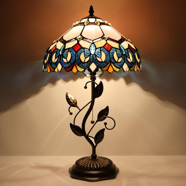 LXHCYOU Tiffany Table Lamp, Pink Stained Glass Desk Light, W12H19 Inch, Metal Leaf Base (Pink Baroque Style)
