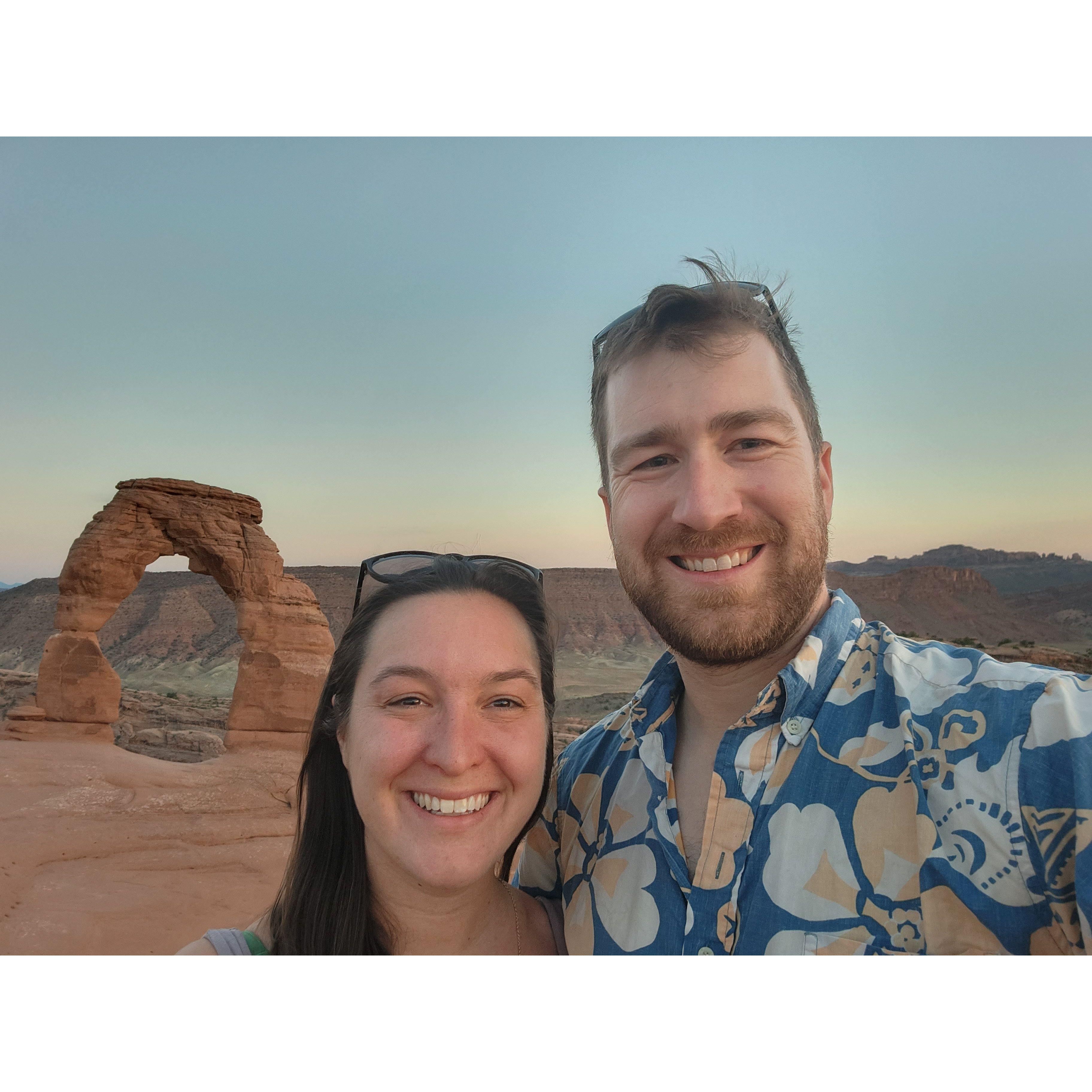 Dave and Tarryn, making it look easy to get a picture of Delicate Arch in Utah at sunset without any other people in the shot.