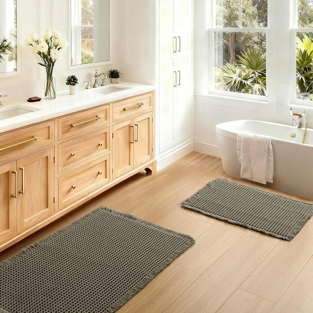 JIUZHEN Set of 2 Waffle Bathroom Rugs Non Slip Boho Bath Rugs Machine Washable Waffle Bath Mats with Rubber Backed Super Absorbent Shower Mats for Bathroom Floor, 16" x 24" +20" x 32", Olive Green
