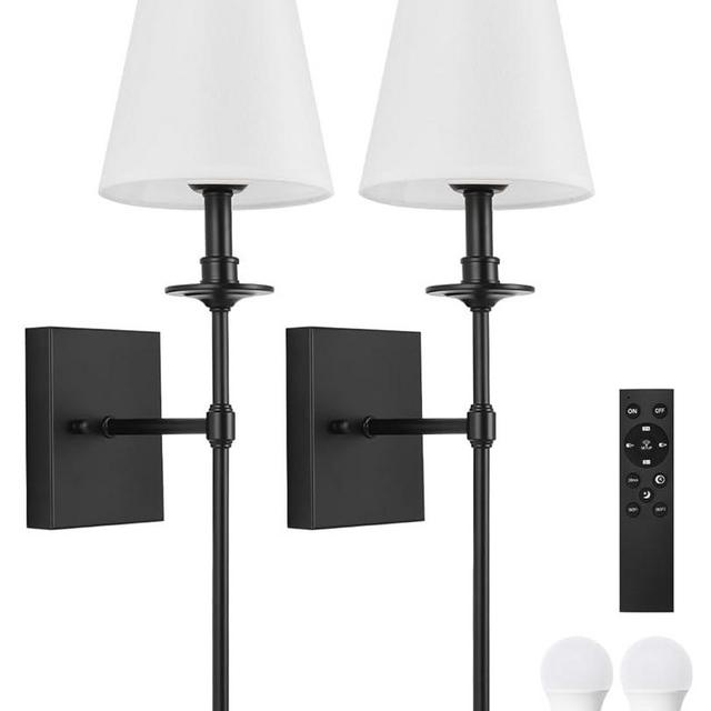 Wall Sconces Set of Two with Remote, Dimming 10%-100% & Adjustable Colors 2700K-6500K, Hardwired Wall Lamps with White Fabric Shades, Wall Mounted Lamp with Night Light & Timer, LED Bulbs, Black