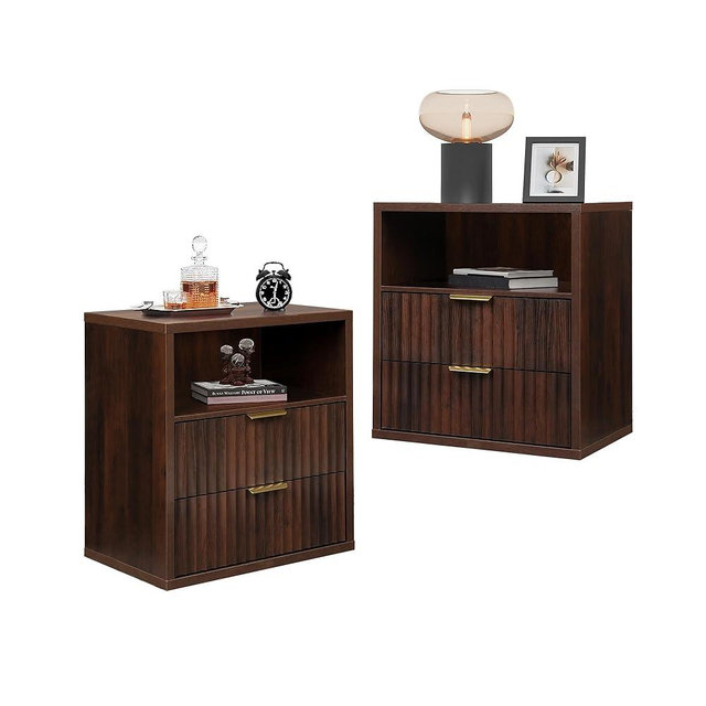 WLIVE Fluted Farmhouse Nightstand Set of 2, Narrow Night Stand Sets with 2 Storage Drawers and Open Shelf, Wood Bed Side Tables for Bedroom, Dorm, Espresso