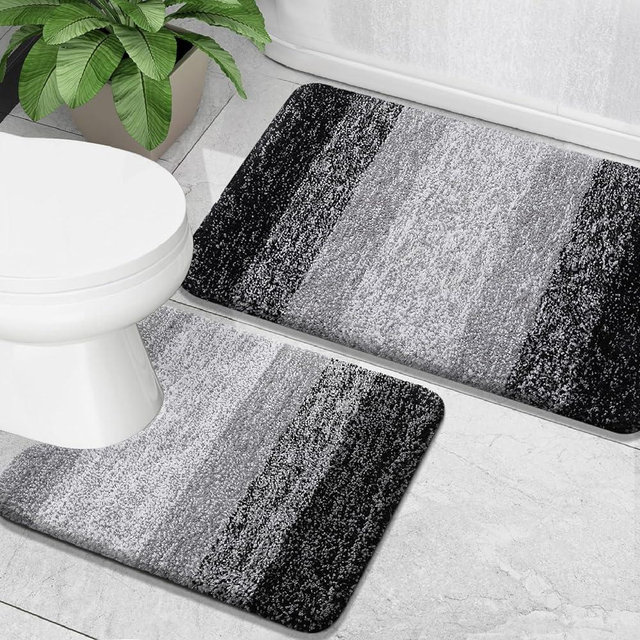 OLANLY Luxury Bathroom Rug Set 2 Piece, Soft Absorbent Microfiber Bath Rugs and U-Shaped Contour Toilet Rug, Non-Slip Bath Carpet, Machine Wash Dry, Bath Mats for Bathroom (24"x16"+24"x20", Black)