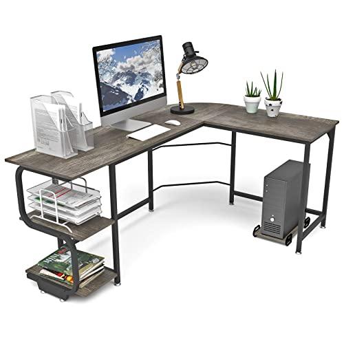 Teraves Reversible L Shaped Desk with Shelves Round Corner Computer Desk Gaming Table Workstation for Home Office