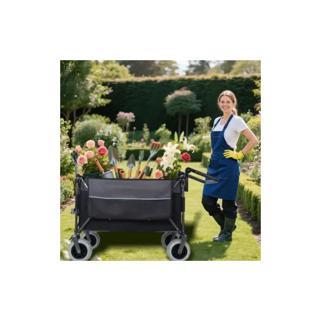 Whisen Multi-functional Folding All-Terrain Utility Wagon Cart with 360°Swivel Balloon Wheels, Brakes and Adjustable Handles - Black+ Gray