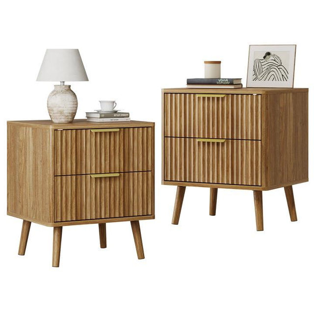 LYNSOM Fluted Night Stand Set of 2, Night Stands with Deep 2 Drawers and Curved Profile Design, Wooden Bedside Table Modern Design End Table for Bedroom Sofa Office (2, Natural Oak)