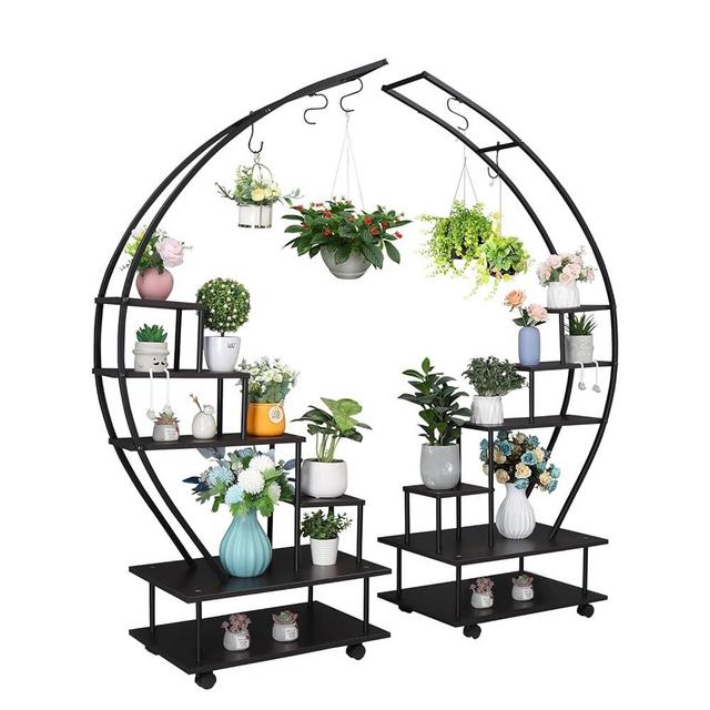 Karl home 5-Tier Tall Plant Stand with Wheels Indoor, Creative Half Moon Shape Ladder Plant Stands for Indoor Plants Multiple, Metal Plant Stands with Hooks for Home Patio Garden (2 Pack)