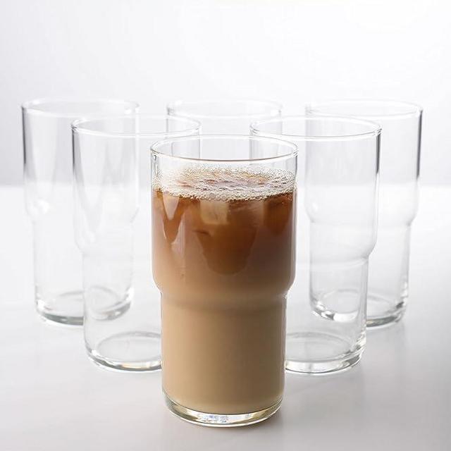 LEMONSODA Modern Iced Coffee Glasses - Set of 6 (630 mL) Stackable Crystal Clear Cups For Any Drink - Water, Coffee, Tea, Expresso or Smoothies Holds 15 Oz