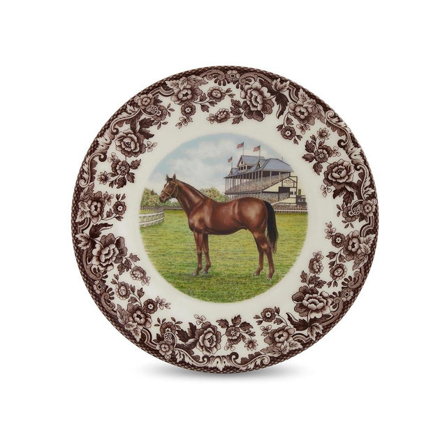 Spode Woodland Salad Plate, Thoroughbred Horse - Equestrian-Inspired Holiday Tableware with British Flowers Border, 8" Fine Earthenware Plate - Dishwasher, Microwave, Freezer, Oven Safe