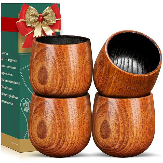 AIUHI Charred Wooden Whiskey Glasses Set of 4, Wooden Bourbon Glass, Handcrafted Old Fashioned Whiskey Glass