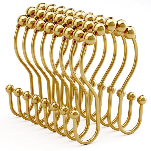 Bathway Shower Curtain Hooks, Shower Curtain Rings Rust Proof Double Hook Shower Curtain Hooks, 12 Pcs Dark Gold Shower Hooks for Shower Curtain, Shower Rings for Curtain, Metal Shower Rod Hooks