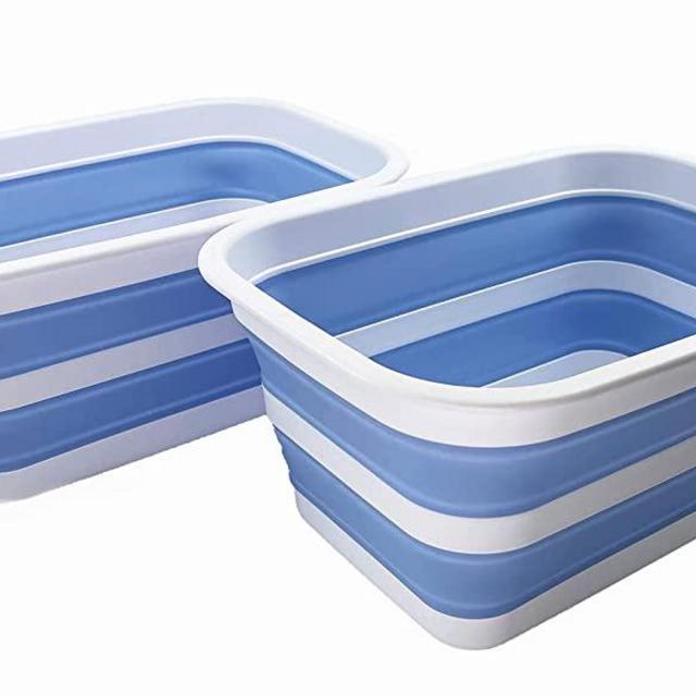 SAMMART 12L (3.17Gallon) Collapsible Tub - Portable Outdoor Picnic Tray - Portable Washing Basin - Space Saving Plastic Washtub (White/Baby Blue (Set of 2))