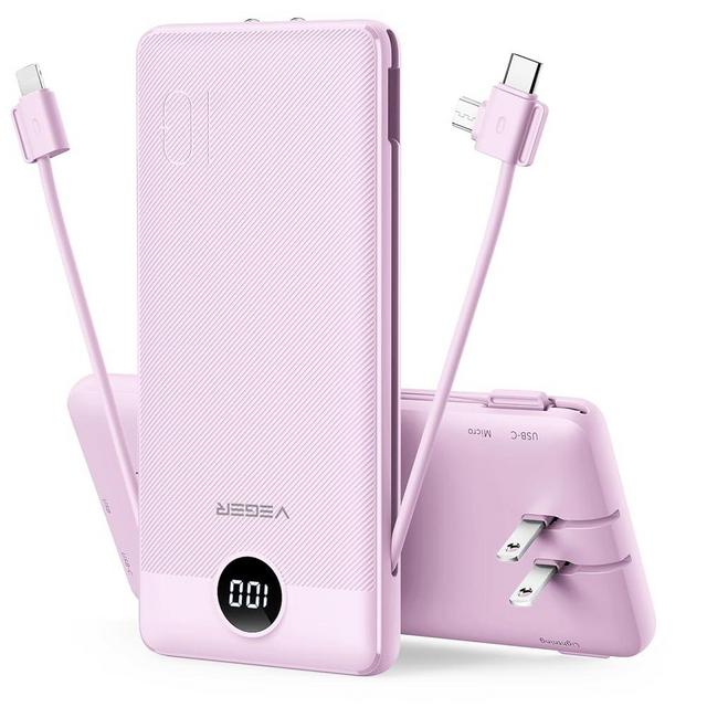 VEGER Portable Charger for iPhone Built in Cables and Wall Plug, 10000mah Slim Fast Charging USB C Power Bank, Travel Essential Battery Pack Compatible with iPhones, iPad, Samsung More Devices(Purple)
