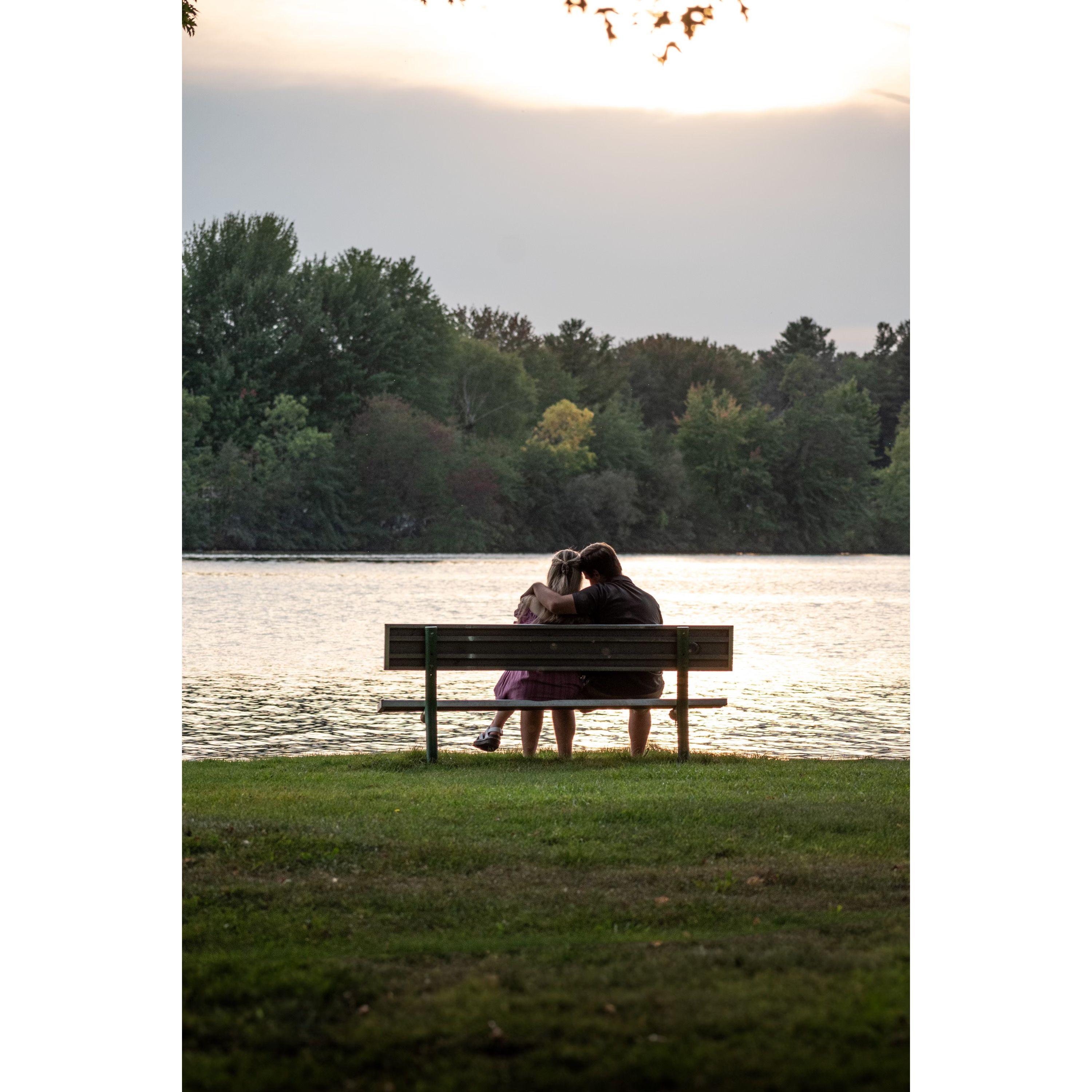 We sat on this bench nervous on our first date not realizing we would be back 4 years later engaged. Stevens Point, WI