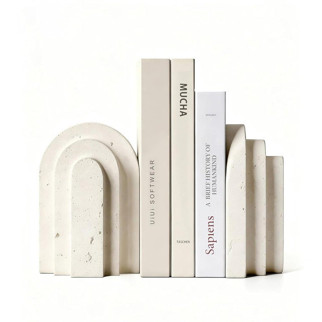 Havmorph Book Ends for Heavy Books, Beige Modern Pleasing Layered Arch Design Aesthetic Bookend Decorative, Concrete Book Ends to Hold Books Heavy Duty for Bookshelf Decor, Home Decor, Office Decor