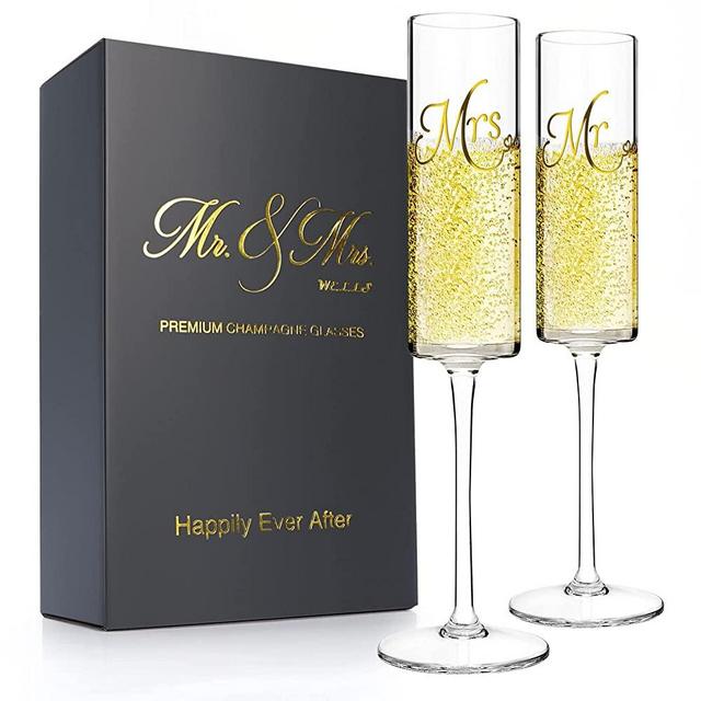 Mr and Mrs Champagne Flutes with Long Stem,Bride and Groom Toasting Glass,Elegant 8oz Champagne Square Wine Glasses Set of 2, Bridal Shower Gifts Unique Gift for Wedding, Anniversary,Engagement Gifts