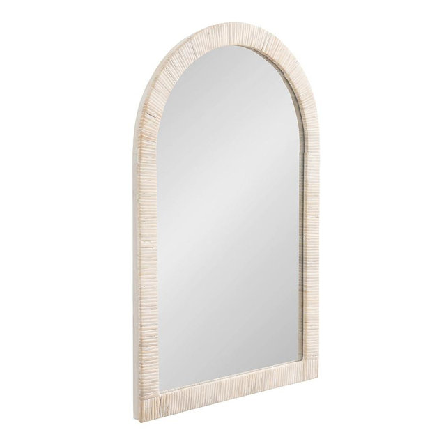 Kate and Laurel Rahfy Boho Arched Rattan Mirror, 20 x 30, White, Decorative Arch Wall Mirror with Authentic Rattan Frame for Vanity Bathroom Mirror