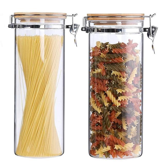 Tall Borosilicate Glass Spaghetti Storage Jars with Airtight Lids,Pasta Storage Containers Hinged Lids,Resealable Clear Kitchen Canisters,Cereal Noodle Holder Container Bamboo Lid,68 Floz,Pack of 2