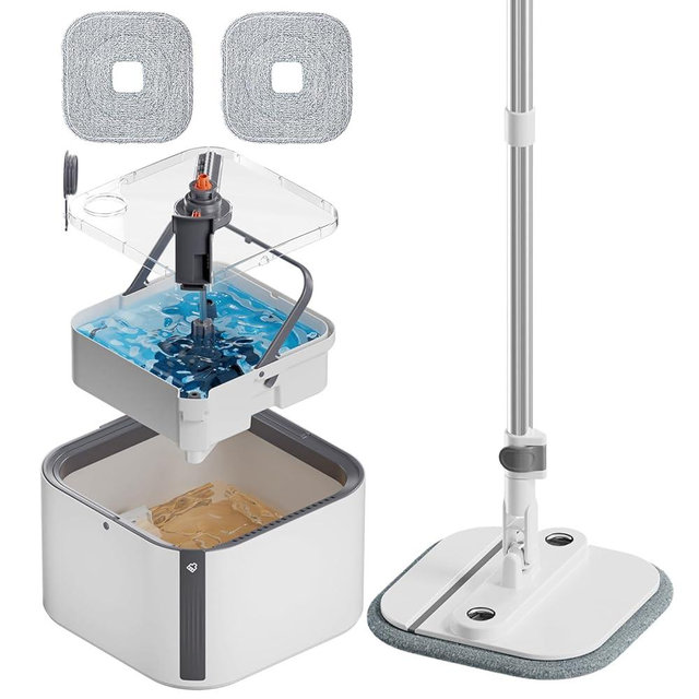INWEJIA Upgraded Spin Mop and Bucket Self-Standing Mop Bucket Separate Dirty and Clean Water System Self Wringing 360° Rotating Clean Mop and Bucket Set (Light Gray, 2Pads Mop and Bucket Set)