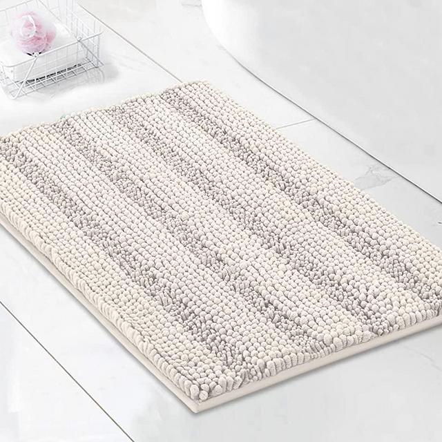 H.VERSAILTEX Bathroom Rugs Bath Rugs for Bathroom Non Slip Bath Mats Extra Thick Chenille Striped Rug 17" x 24" Absorbent Soft Shaggy Washable Dry Fast Bath Mats for Bathroom Floor - Ivory