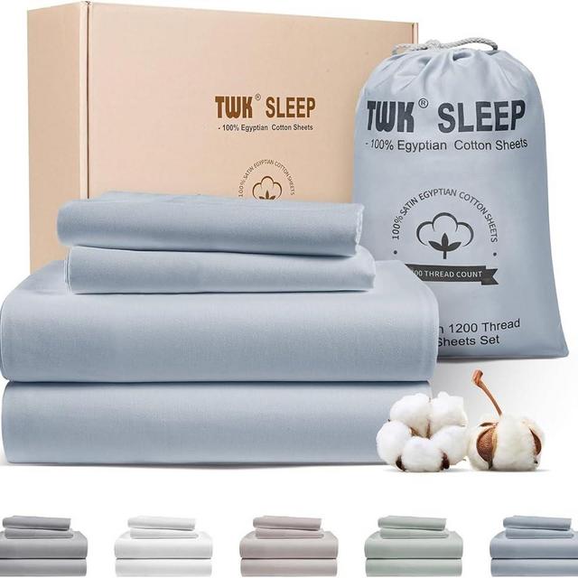TWK 1200 TC 100% Egyptian Long-Staple Cotton Bedding Sheets Set, Luxury Hotel Style Deep Pocket with Elastic Reinforced Seams Sheet Set, Soft & Comfy Natural Sheets (French Blue, King)