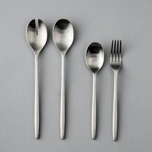 Ava Salad Servers + Serving Utensils Bundle, Matte Silver