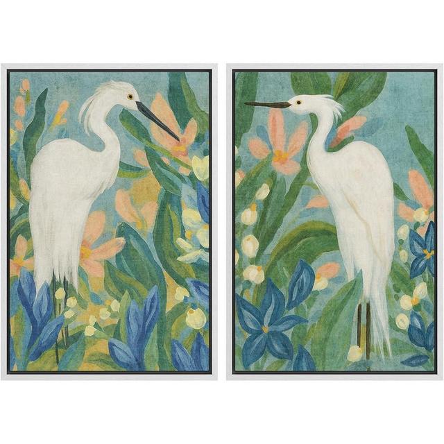 SIGNWIN Framed Canvas Print Wall Art Set Botanical Herons with Floral Jungle Tropical Bird Illustrations Modern Art Rustic Relax/Calm for Living Room, Bedroom, Office - 24"x36"x2 White