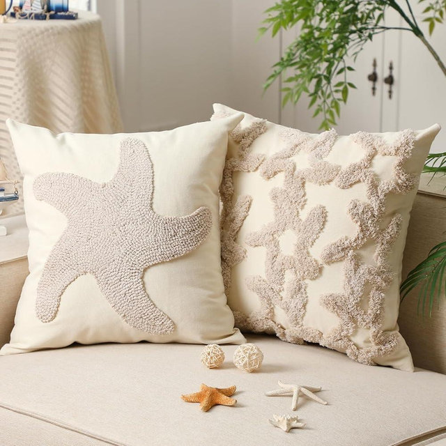 Moucuny 2 Pcs Coastal Nautical Starfish Pillow Covers 18x18 Ocean Throw Pillow Covers with Starfish Embroidery Decor Cotton Light Blue and White Pillowcases Decor for Couch Sofa Bed Room Bedroom