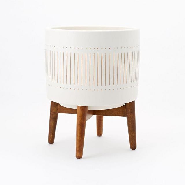 Mid Century Turned Wood Leg Planter, White + Gold, Wide