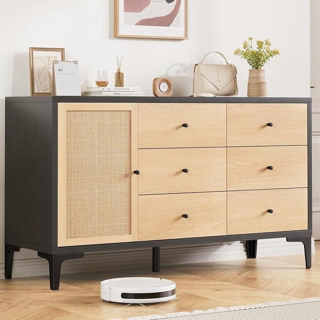 Jocoevol 6 Drawer Dresser for Bedroom, Boho Dresser for Closet & Wide Chest of Drawers, Store Organizer for Bedroom, Living Room, Hallway (Black)