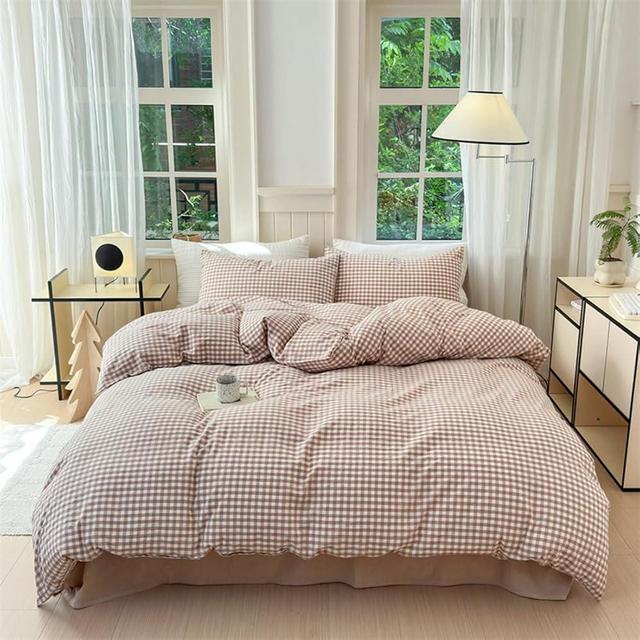 Mucalis Tan Gingham Duvet Cover King 100% Washed Cotton Beige Cream Checked Duvet Cover Set Modern Plaid 3 Piece Grid Bedding Set with Zipper Closure Corner Ties,Durable,Breathable,Easy Care