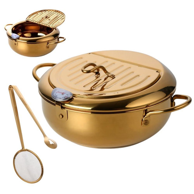 Stainless Steel Deep Fryer for Home, 115Oz Tempura Fryer Pot w/Thermometer and Oil Drip Rack Lid, Japanese Style Deep Frying Pan w/Strainer Clip, for Tempura chips, Fish, and Chicken (Gold)