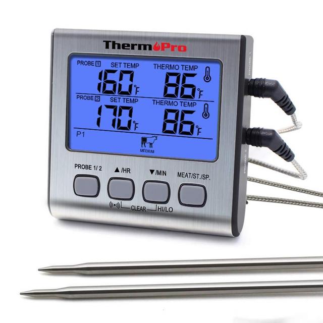 ThermoPro TP-17 Dual Probe Digital Cooking Meat Large LCD Backlight Food Grill Thermometer with Timer Mode for Smoker Kitchen Oven BBQ, Silver
