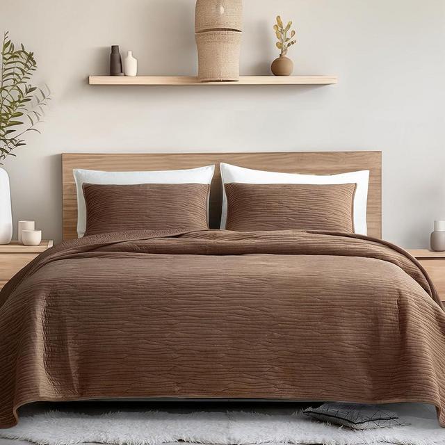 SHALALA Mocha Coffee Velvet Quilt Queen Size,Lightweigh Relaxed Stitch Striped Bedding Set Smooth-Textured, More Depth and Dimension, Reverses to Solid, Lux, Cozy, Modern Bed for All Season