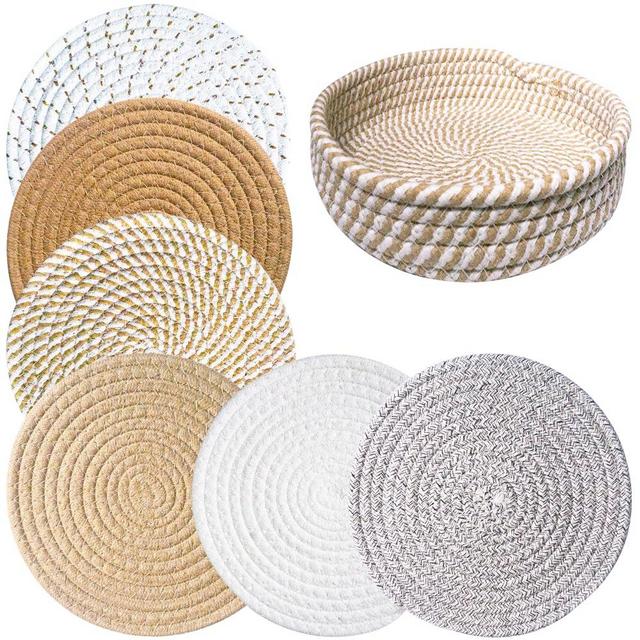 YNGNEST Trivet Mats Set for Hot Dishes with Storage Basket,6 Heat Resistant Pot Holders, Kitchen Counter, Table, Home Essentials, Mats for Hot pots and Pans,Farmhouse Style 7.9 Inches (Brown)