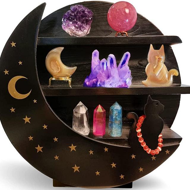 Black Cat Moon Shelf for Crystals - 15" Moon Wall Shelf Décor - Crescent Moon Phase Wall Hanging with Stars - Great as Crystal Shelf Display, Essential Oil Rack, Gothic Witchy Home Décor