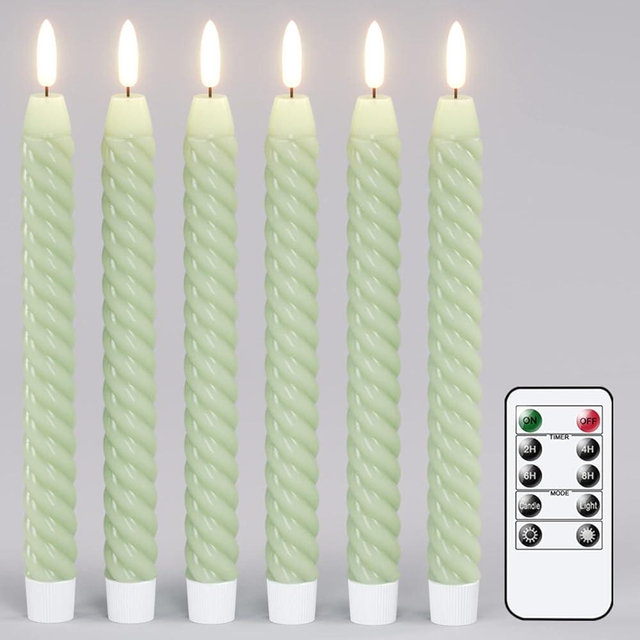 Lasumora Easter Taper Candles Green Pastel Flameless Flickering with Remote Timer, Battery Operated Warm 3D Wick LED Spiral Candles 6 Pack 9.8" Real Wax Wedding Home Birthday Spring Decor