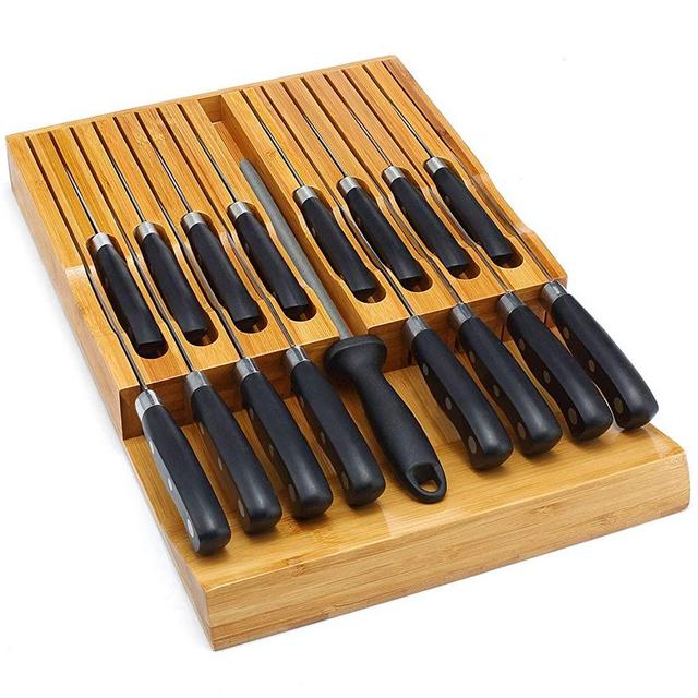 In-Drawer Knife Block,Bamboo Knife Drawer Organizer Insert, Kitchen Knife Drawer Storage for 16 Knives PLUS a Slot for your Knife Sharpener (Without Knives)