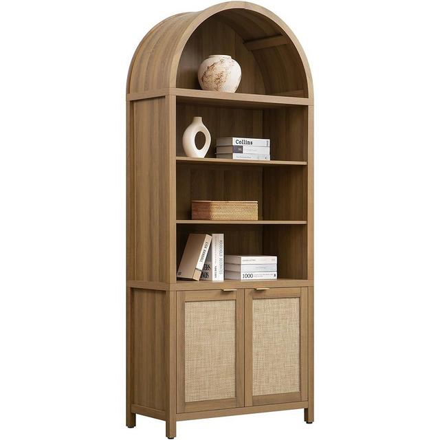 SICOTAS Book Shelf Arched Cabinet Bookshelf Arch 84.2" Tall Bookcase 5 Tier Large Bookshelves with Doors Storage Rattan Boho Wide Book Shelves Case for Living Room Kitchen Office Bedroom Library