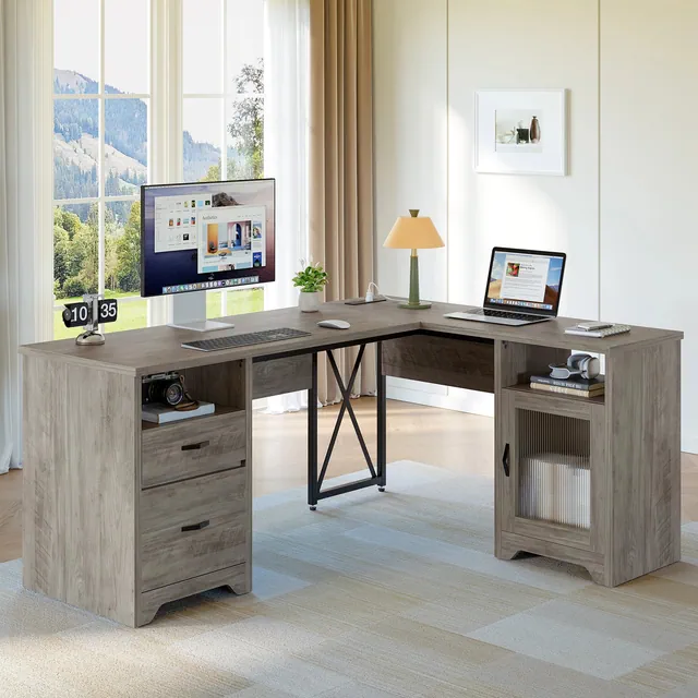 Bestier 63" Farmhouse L Shaped Desk Office Computer Desk with Charging Station & Cabinet, Corner Desk with File Drawers for Home Office, Grey