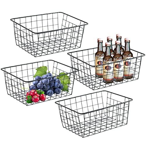 Wire Storage Baskets for Organizing, 4 Pack Metal Wire Basket with Handles, Sturdiness Small Basket Organizer Bins for Pantry Kitchen Bathroom, Black