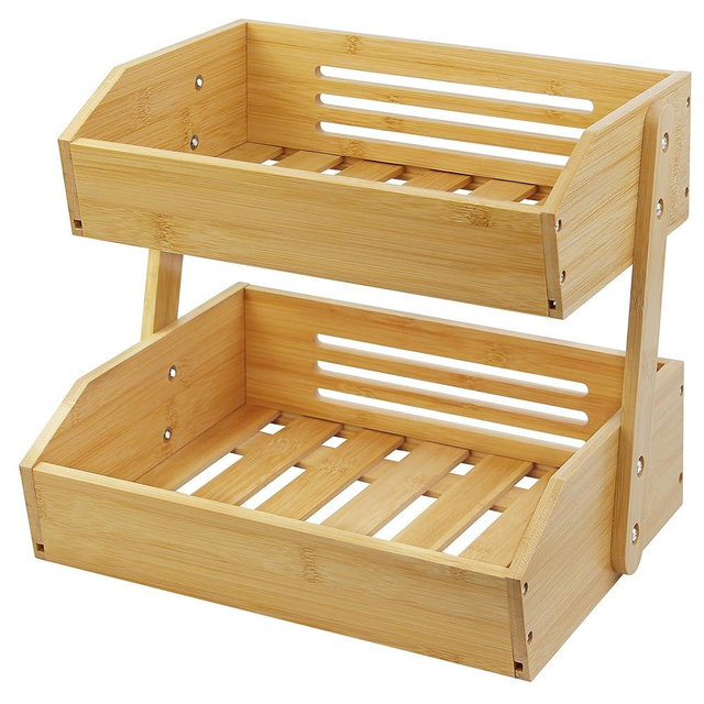 mobzio Fruit Basket Stand, 2 Tier Fruit Basket for Kitchen Counter, Produce Basket for Fruit and Vegetable Storage, Bamboo Basket Fruit Bowl Display Rack, Fruit Holder Snack Organizer