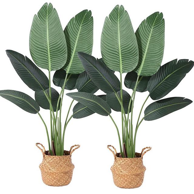 Ferrgoal Artificial Bird of Paradise Plants 4 Ft Fake Tropical Palm Tree with 8 Trunks in Pot and Woven Seagrass Belly Basket Perfect Faux Plant for Home Indoor Outdoor Office Modern Decor Green 2Pc