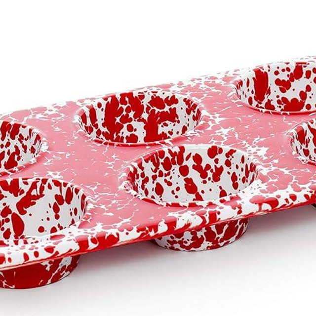 Enamelware Muffin Tin, Red/White Splatter