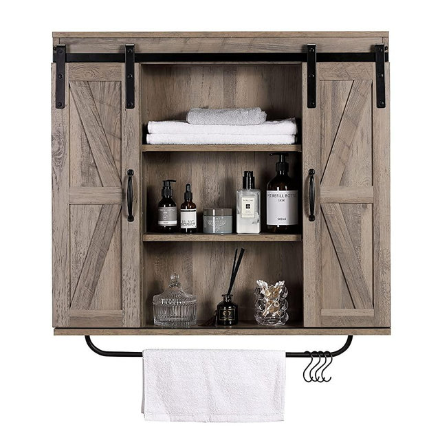 Rustic Wood Wall Storage Cabinet with Two Sliding Barn Door, 3-Tier Decorative Farmhouse Vintage Cabinet for Kitchen Dining, Bathroom, Living Room, Washed Oak