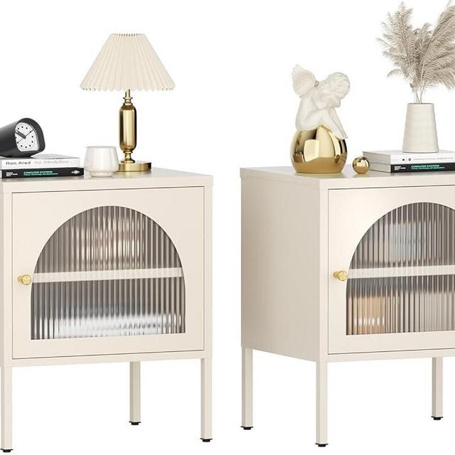 Fluted Bed Side Table Nightstand Set of 2 - Mid-Century Modern White Night Stand with Corrugated Tempered Glass, Steel Frame, Storage Shelf End Table for Small Space