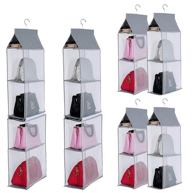 KEEPJOY Detachable Hanging Handbag Purse Organizer for Closet, Purse Bag Storage Holder for Wardrobe Closet with 4 Shelves Space Saving Purse Organizers System (Pack of 2 Grey)