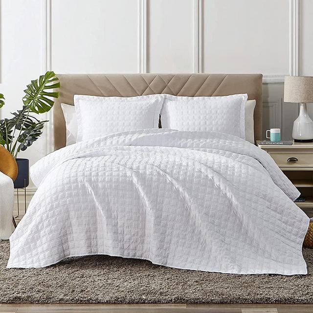 Hansleep Quilt Set Stone Washed White Full/Queen Size- Soft Lightweight Bedspread with Square Stitched Pattern - Bed Decor Coverlet Set for All Season Use (White, Full/Queen 90x96inches)