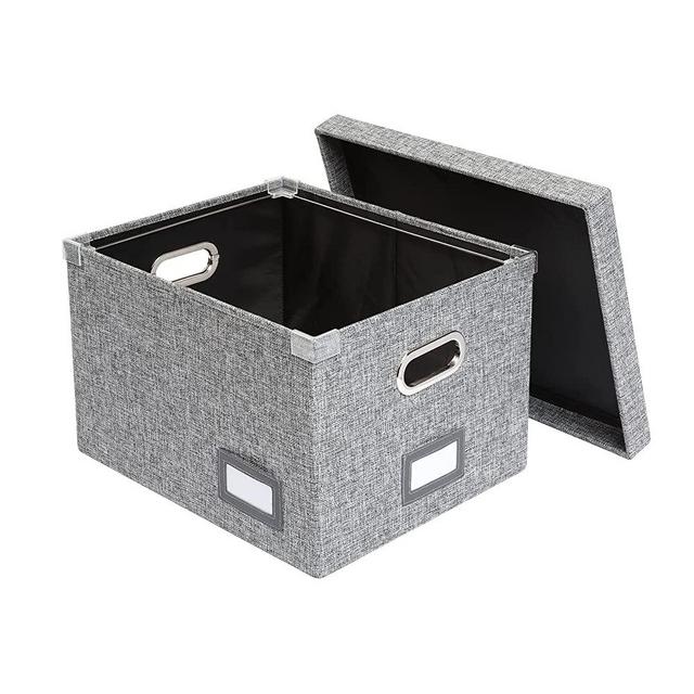 Pendaflex Collapsible File Box with Lid, Includes File Frame for Letter and Legal Hanging File Folders, Metal Handles, Labels, Heather Gray (41790)
