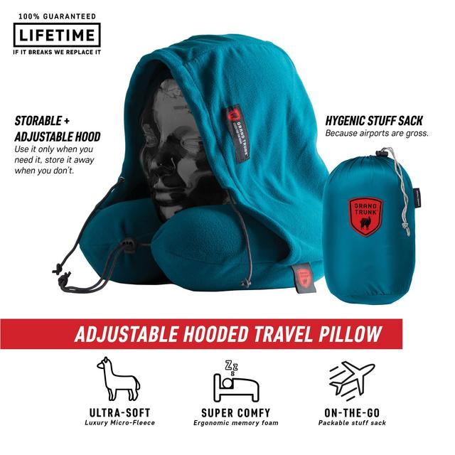 GRAND TRUNK | Hooded Travel Pillow | High-Grade Memory Foam | 360 Neck and Head Support | Carry Bag Included | Storage Pocket | Perfect for Airplane or Car Sleeping
